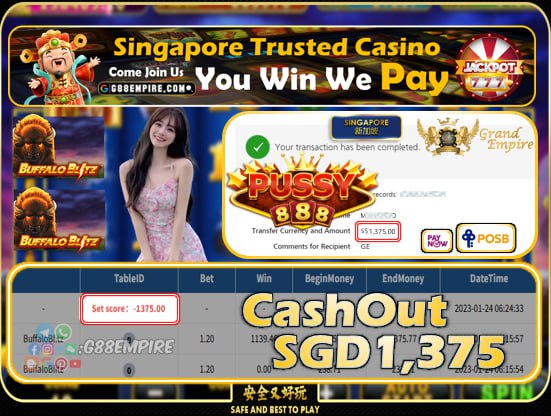 PUSSY888 ~ GREATBLUE CASHOUT SGD1375!!!