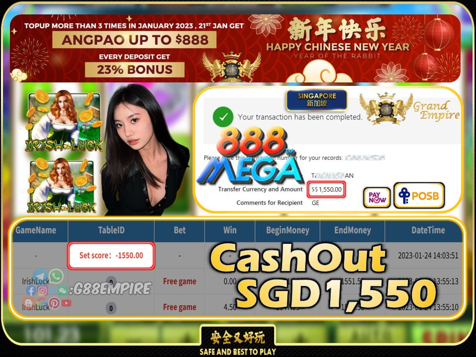 MEGA888 ~ IRISHLUCK CASHOUT SGD1550 !!!