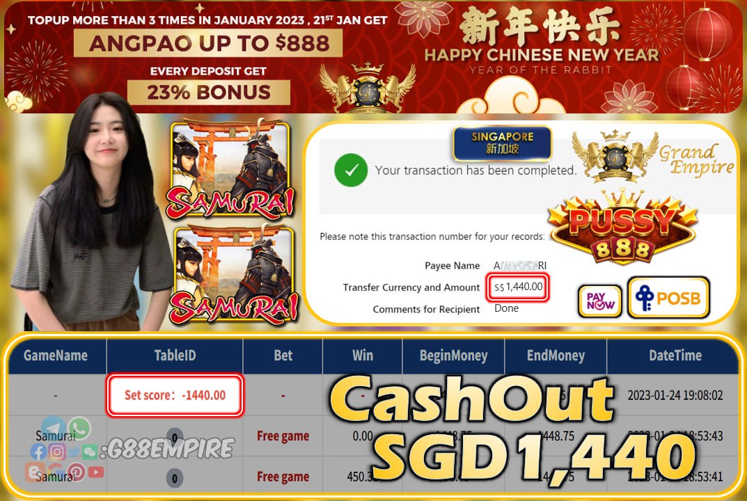 PUSSY888 ~ SAMURAI CASHOUT SGD1440!!!