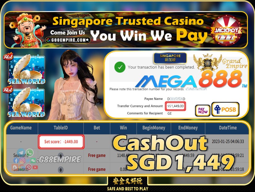 MEGA888 ~ SEAWORLD CASHOUT SGD1449!!!