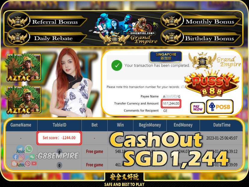 PUSSY888 ~ AZTEC CASHOUT SGD1244!!!