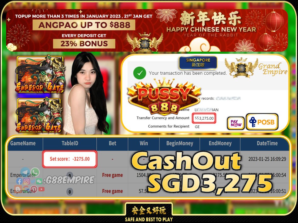 PUSSY888 ~ EMPERORGATE CASHOUT SGD3275 !!!