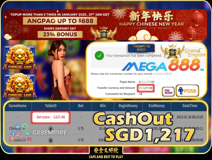 MEGA888 ~ CHINESELION CASHOUT SGD1217!!!