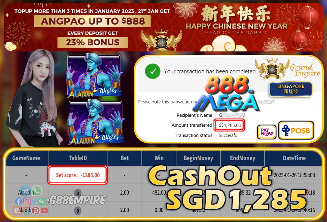 MEGA888 ~ ALADDIN CASHOUT SGD1285!!!