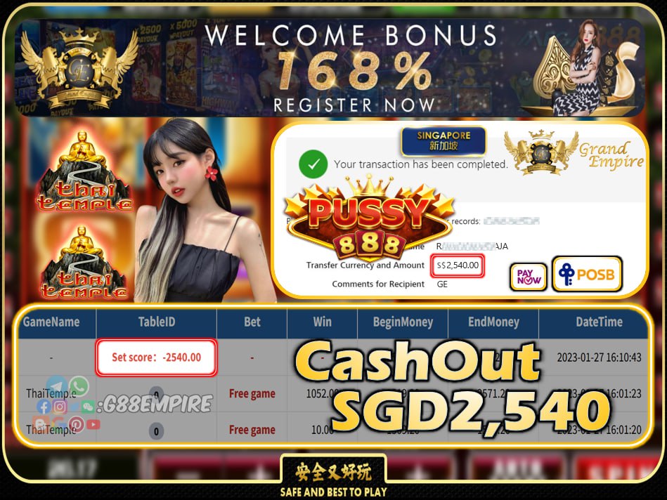 PUSSY888 ~ THAITEMPLE CASHOUT SGD2540 !!!