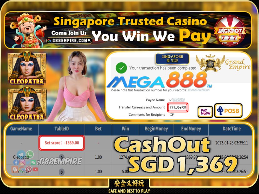 MEGA888 ~ CLEOPATRA CASHOUT SGD1369!!!