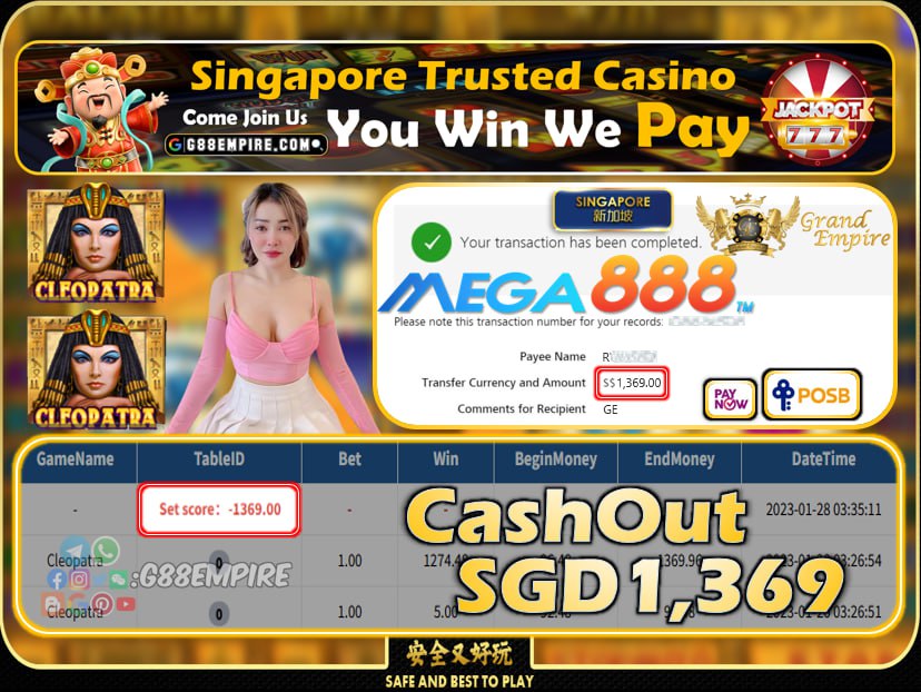 MEGA888 ~ CLEOPATRA CASHOUT SGD1369!!!