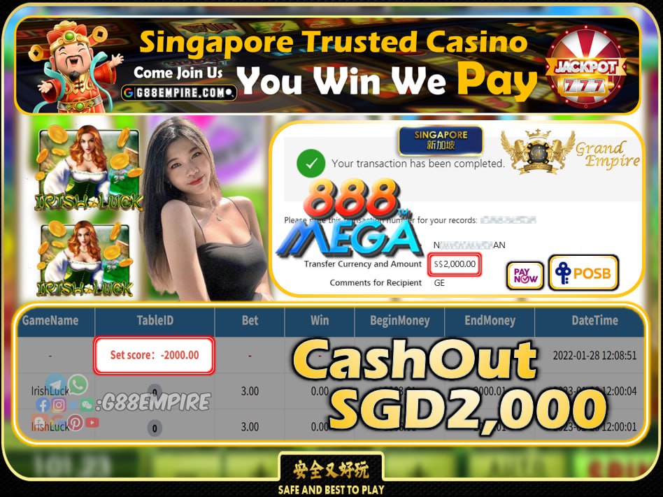 MEGA888 ~ IRISHLUCK CASHOUT SGD2000 !!!