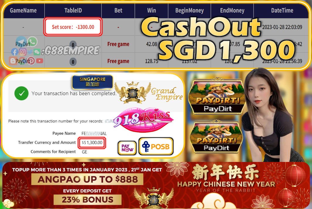 918KISS ~ PAYDIRT CASHOUT SGD1300!!!