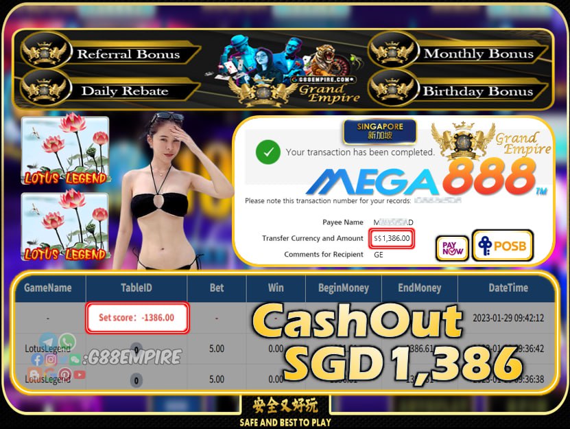 MEGA888 ~ LOTUSLEGEND CASHOUT SGD1386!!!