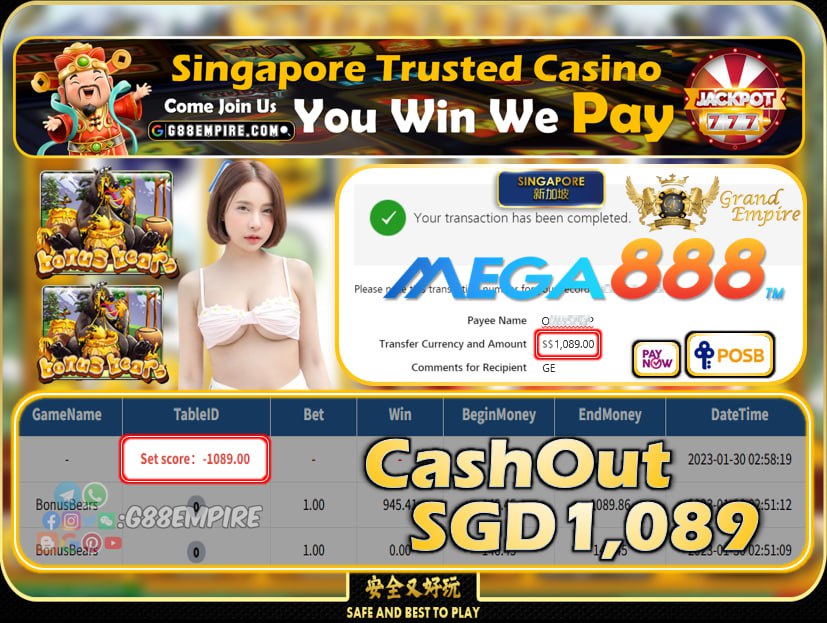 MEGA888 ~ BONUSBEARS CASHOUT SGD1089!!!