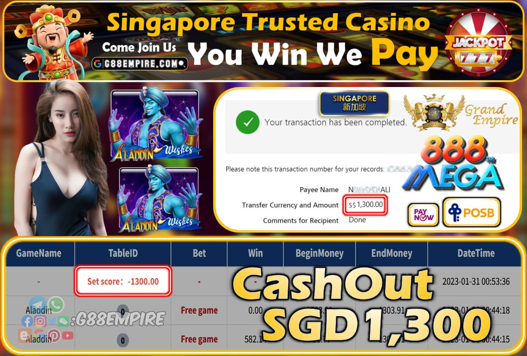 MEGA888 ~ ALADDIN CASHOUT SGD1300!!!