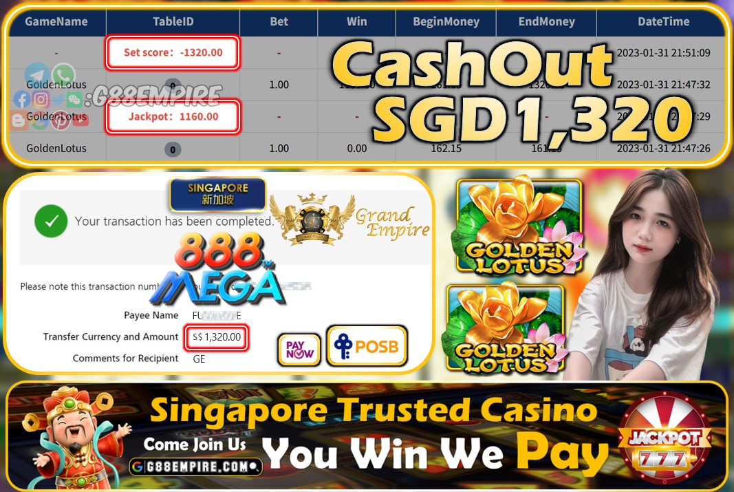 MEGA888 ~ GOLDENLOTUS CASHOUT SGD1320!!!