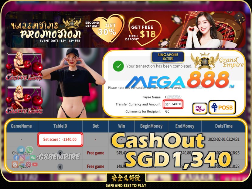 MEGA888 ~ CHERRYLOVE CASHOUT SGD1340!!!