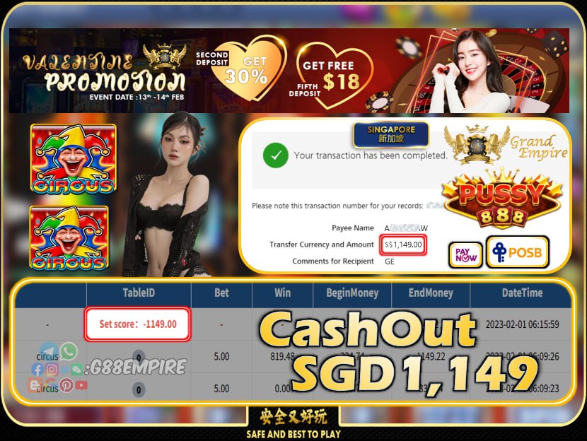 PUSSY888 ~ CIRCUS CASHOUT SGD1149!!!