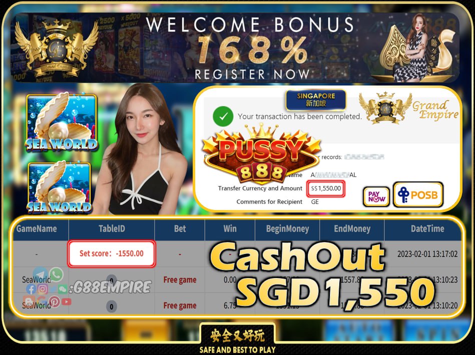 PUSSY888 ~ SEAWORLD CASHOUT SGD1550 !!!