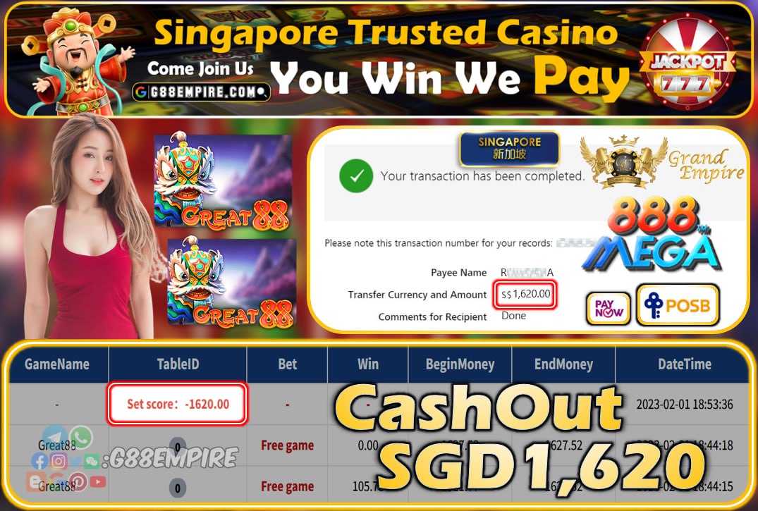 MEGA888 ~ GREAT88 CASHOUT SGD1620!!!