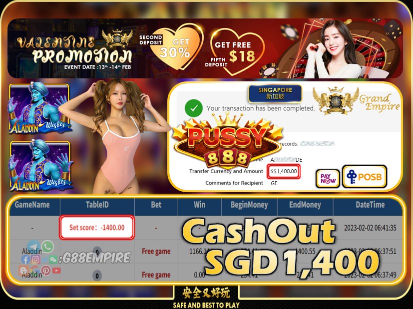 PUSSY888 ~ ALADDIN CASHOUT SGD1400!!!