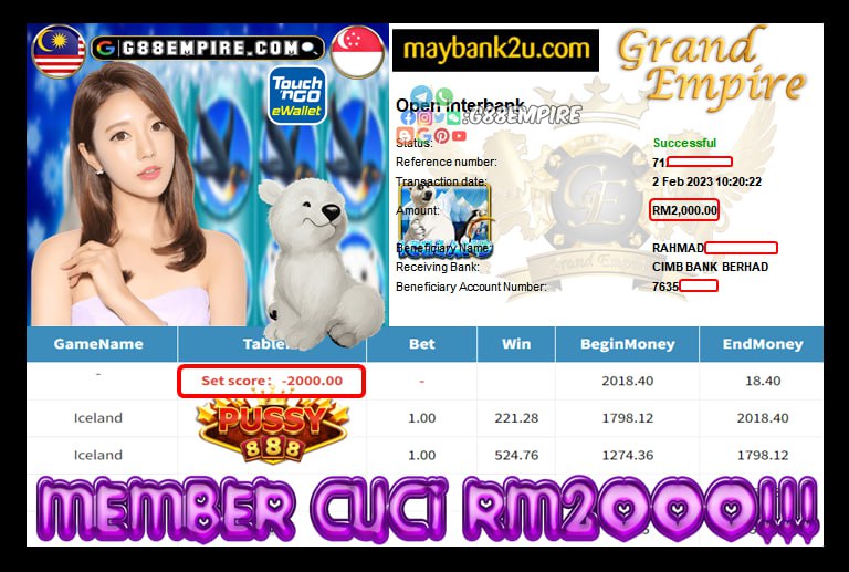PUSSY888 ICELAND CUCI  RM2,000