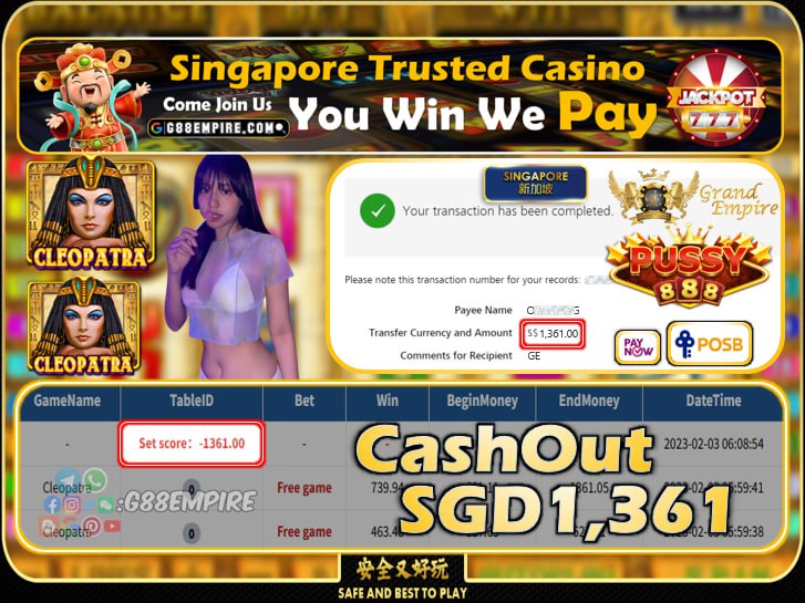 PUSSY888 ~ CLEOPATRA CASHOUT SGD1361 !!!