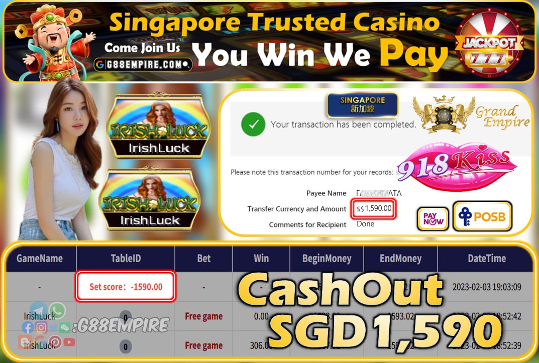 918KISS ~ IRISHLUCK CASHOUT SGD1590!!!