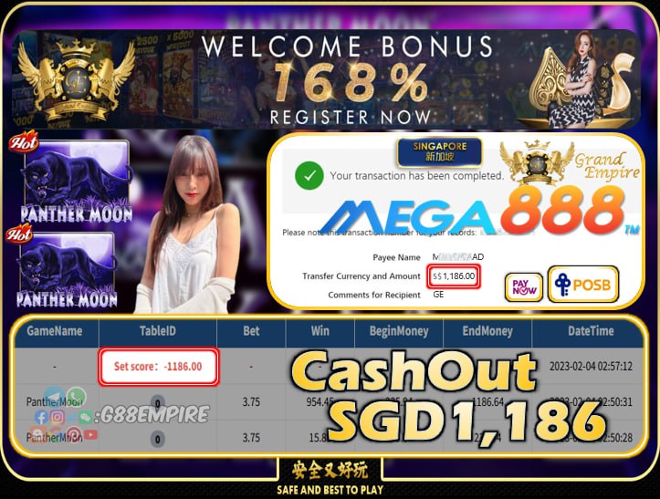 MEGA888 ~ PANTHERMOON CASHOUT SGD1186!!!