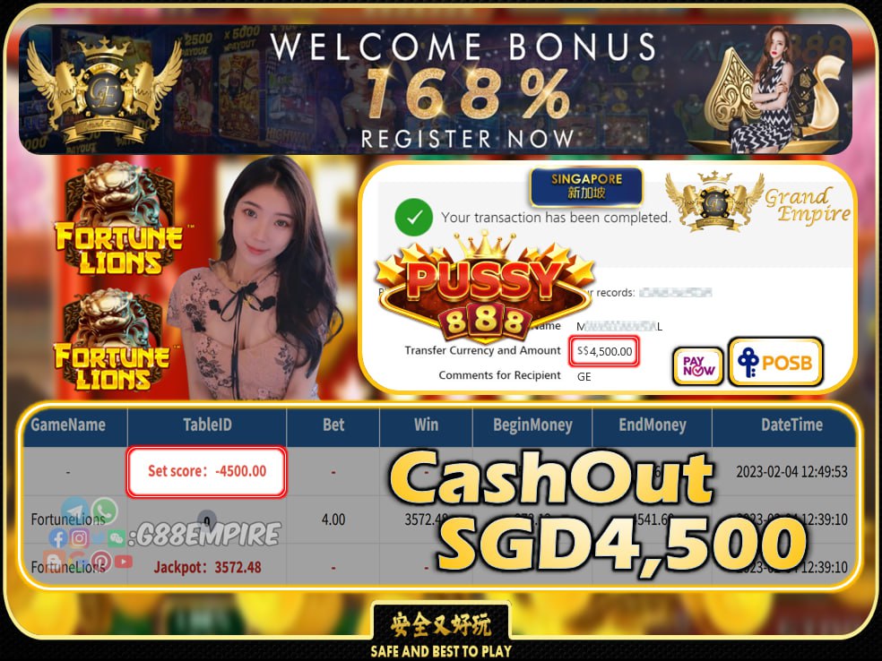 PUSSY888 ~ FORTUNELIONS CASHOUT SGD4500 !!!