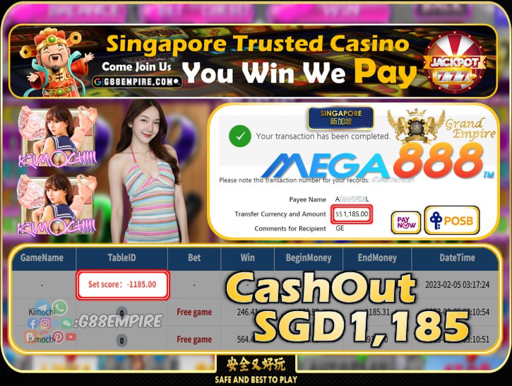 MEGA888 ~ KIMOCHI CASHOUT SGD1185!!!