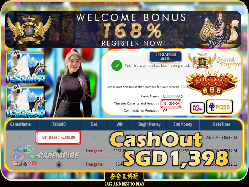 PUSSY888  ~ ICELAND CASHOUT SGD1398!!!