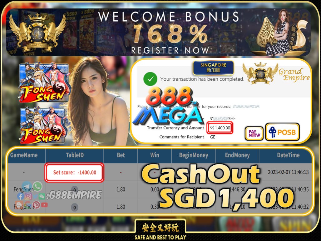 MEGA888  ~ FONGSHEN CASHOUT SGD1400 !!!