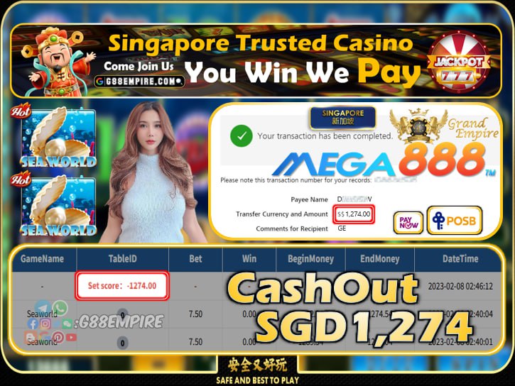 MEGA888 ~ SEAWORLD CASHOUT SGD1274!!!