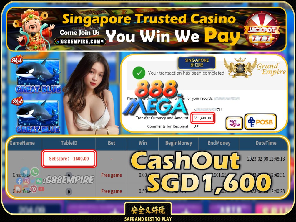 MEGA888 ~ GREATBLUE CASHOUT SGD1600 !!!