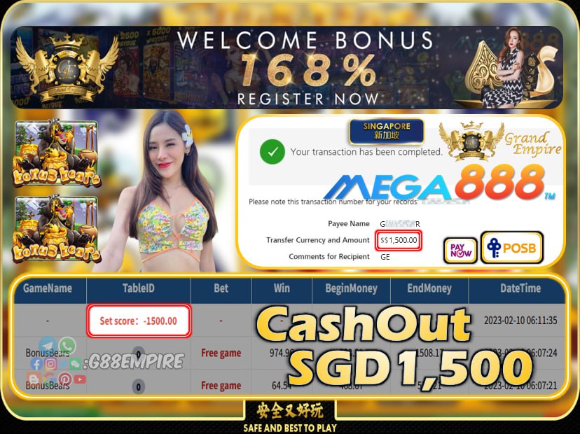 MEGA888 ~ BONUSBEARS CASHOUT SGD1500 !!!