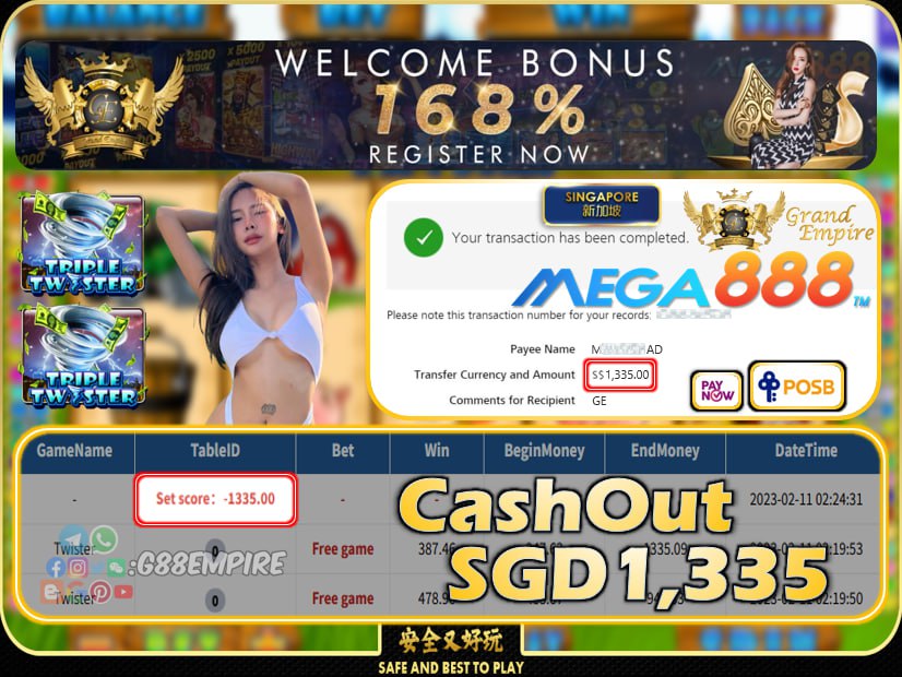 MEGA888 ~ TWISTER CASHOUT SGD1335!!!