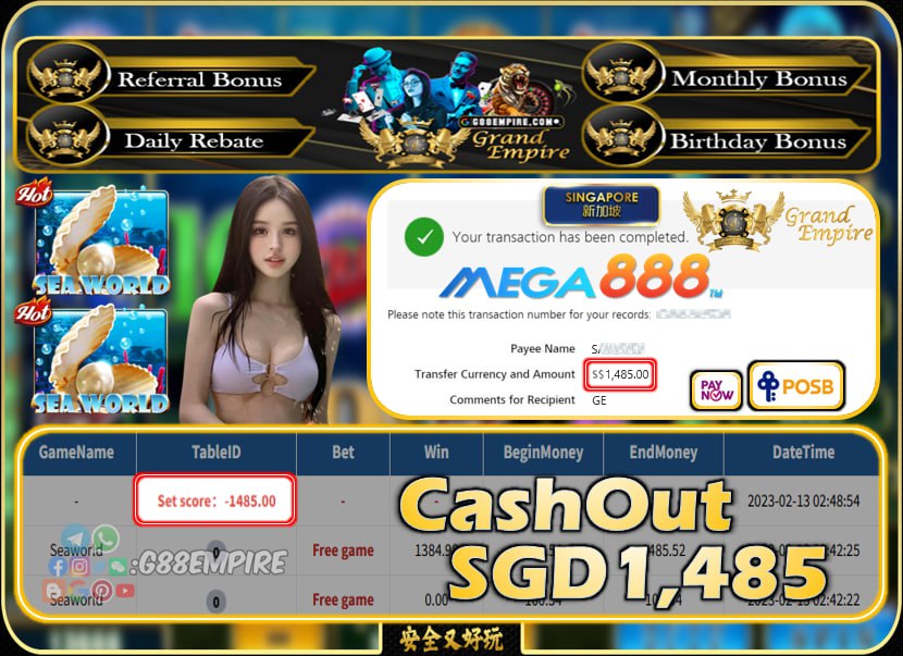 MEGA888 ~ SEAWORLD CASHOUT SGD1485 !!!