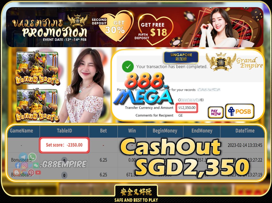 MEGA888 ~ BONUSBEARS CASHOUT SGD2350 !!!