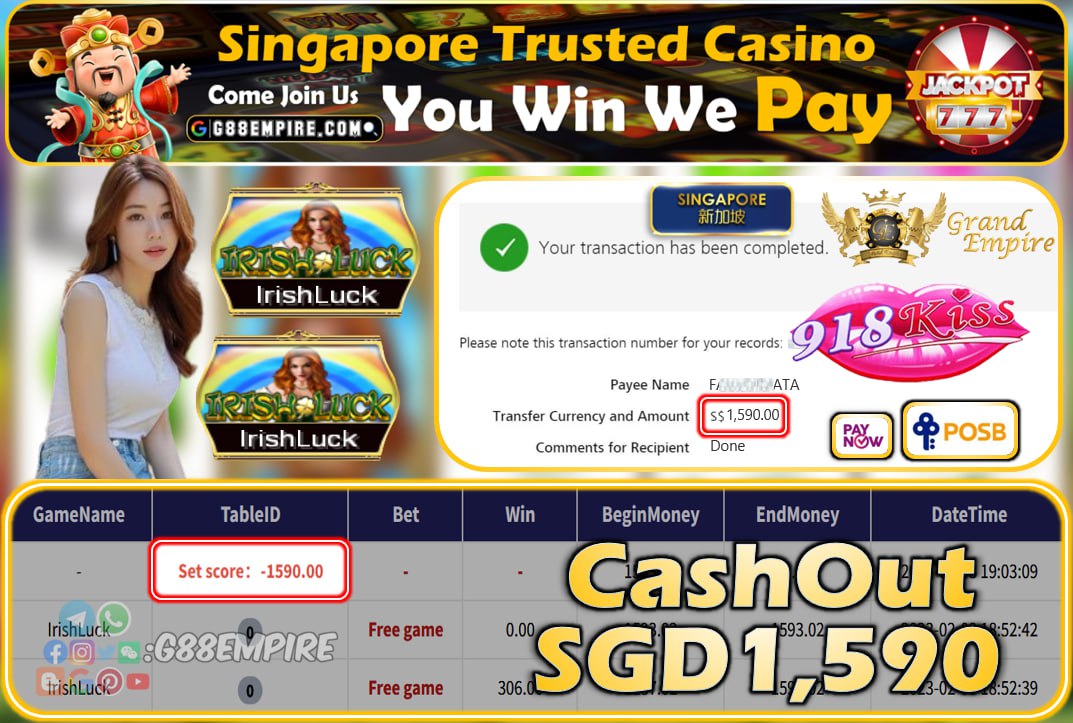 918KISS ~ IRISHLUCK CASHOUT SGD1590!!!