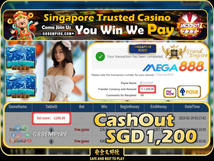 MEGA888 ~ DOLPHINREEF CASHOUT SGD1200!!!