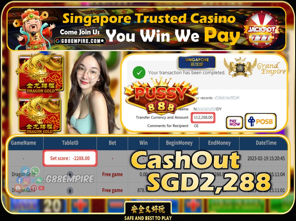 PUSSY888 ~ DRAGON GOLD CASHOUT SGD2288 !!!