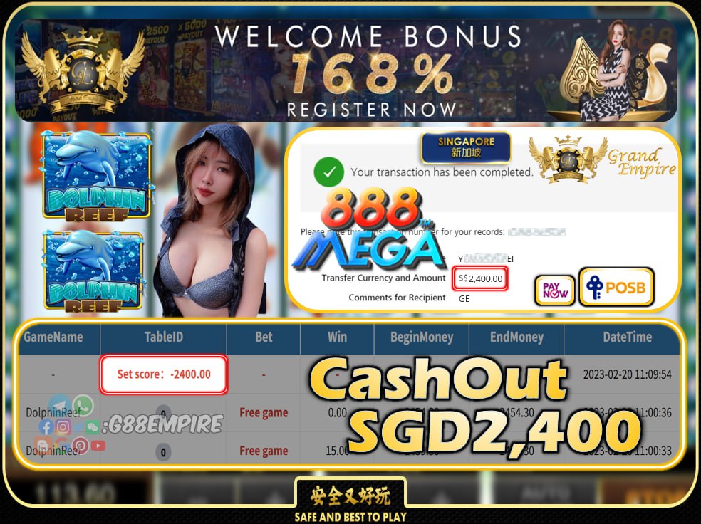 MEGA888 ~ DOLPHINREEF CASHOUT SGD2400 !!!