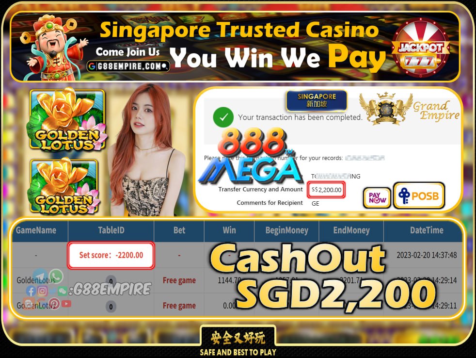 MEGA888 ~ GOLDENLOTUS CASHOUT SGD2200 !!!