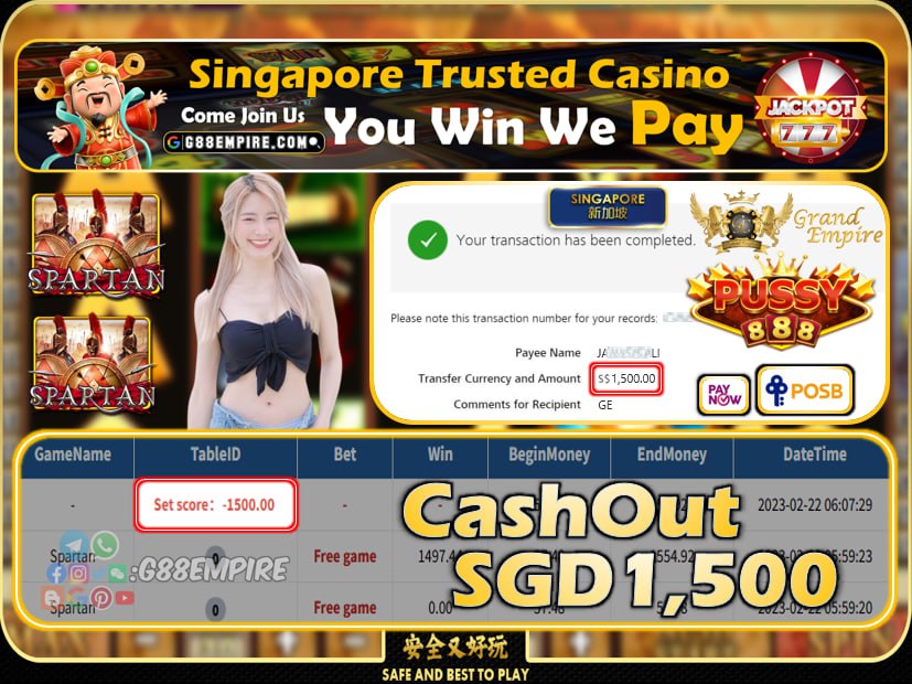 PUSSY888 ~SPARTAN CASHOUT SGD1500 !!!