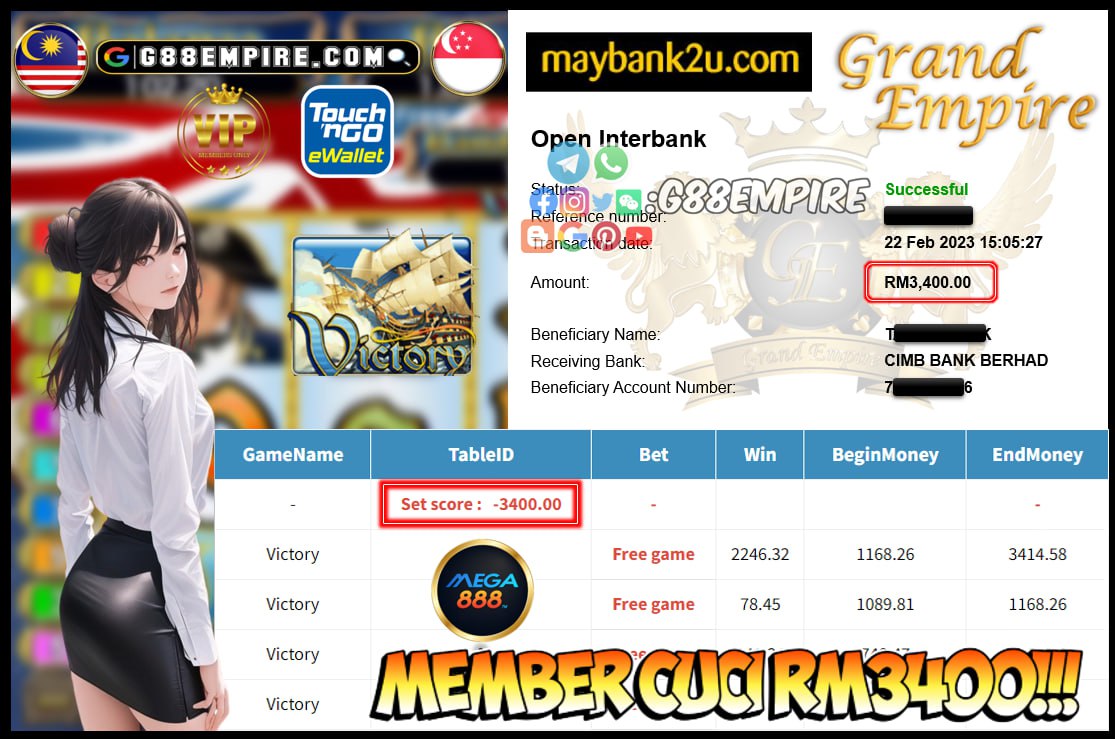 MEGA888 VICTORY CUCI RM3400!!!