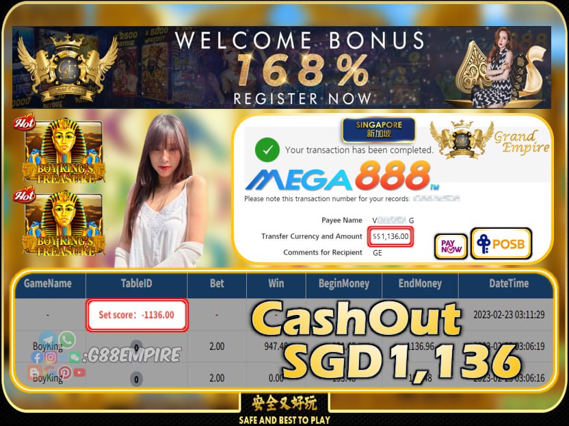 MEGA888 ~ BOYKING CASHOUT SGD1136!!!