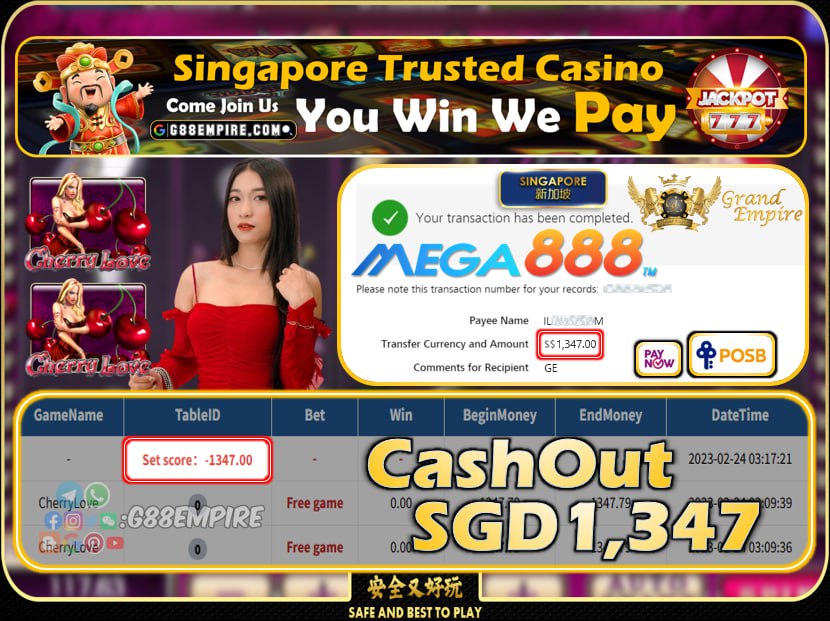 MEGA888 ~ CHERRYLOVE CASHOUT SGD1347 !!!