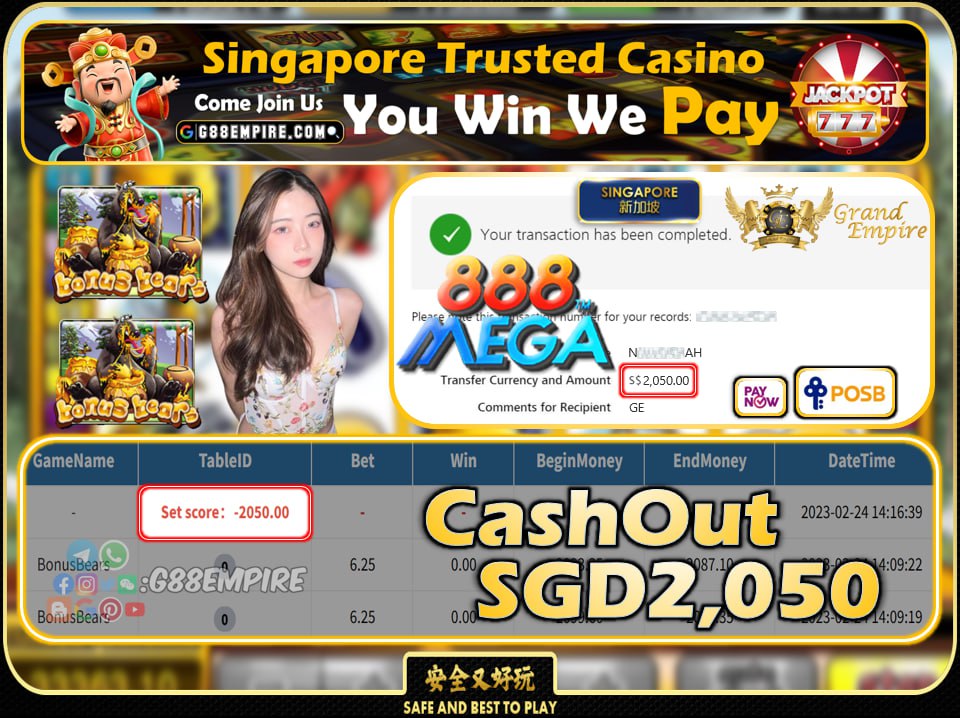 MEGA888 ~ BONUSBEARS CASHOUT SGD2050 !!!