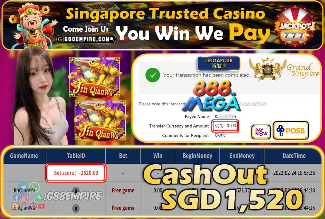 MEGA888 ~ JINQIANWA CASHOUT SGD1520!!!