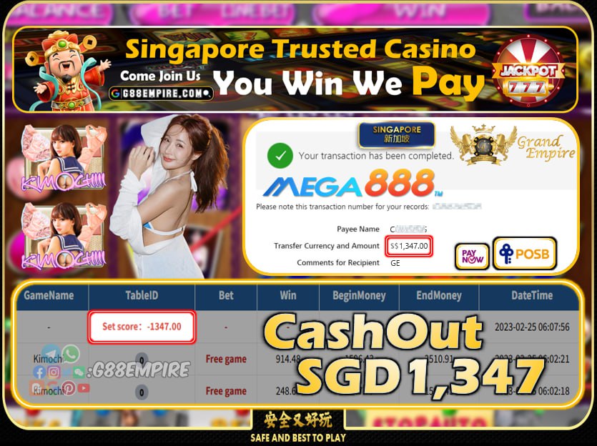 MEGA888 ~ KIMOCHI CASHOUT SGD1347!!!