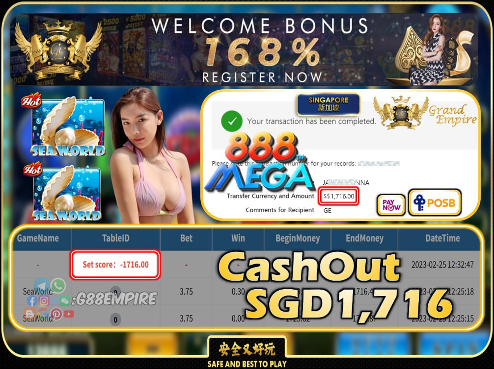 MEGA888 ~ SEAWORLD CASHOUT SGD1716 !!!