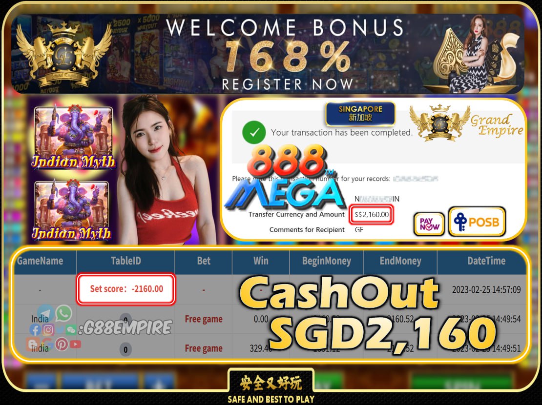 MEGA888 ~ INDIA CASHOUT SGD2160 !!!